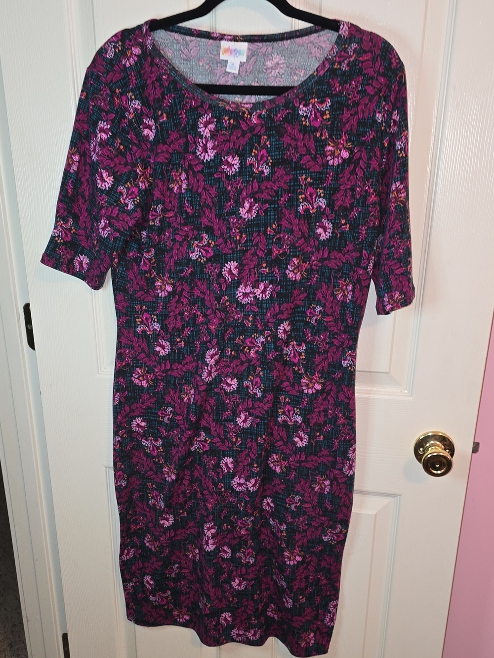LuLaRoe Purple Floral Midi Dress with Pink Accents